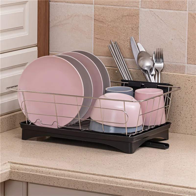 

Stainless Steel Dish Drying Rack Kitchen Countertop Dish Plates Organizer Over Sink Stand with Cutlery Storage Box Items Holder