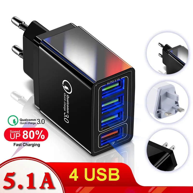 

4 USB Port Fast Charger Mobile Phone Charger Power Adapter Travel Quick Charging Head Box Base Head Phone Accessories 5.1A