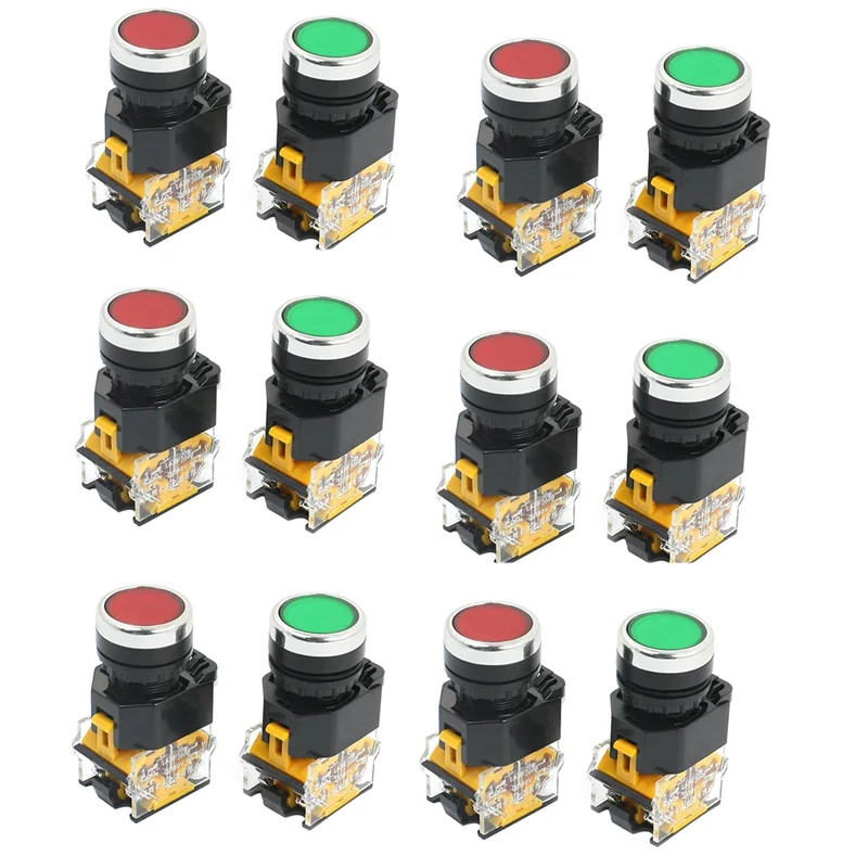

12Pcs 22mm Mount 10A 380V DPST Red Green Momentary Push Button Switch