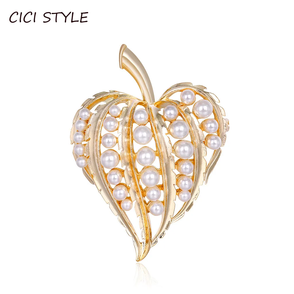 

Модные броши в форме листьев с жемчугом для женщин, Нежная брошь в форме сердца, булавки, аксессуары из сплава для одежды, костюма вечерние п...