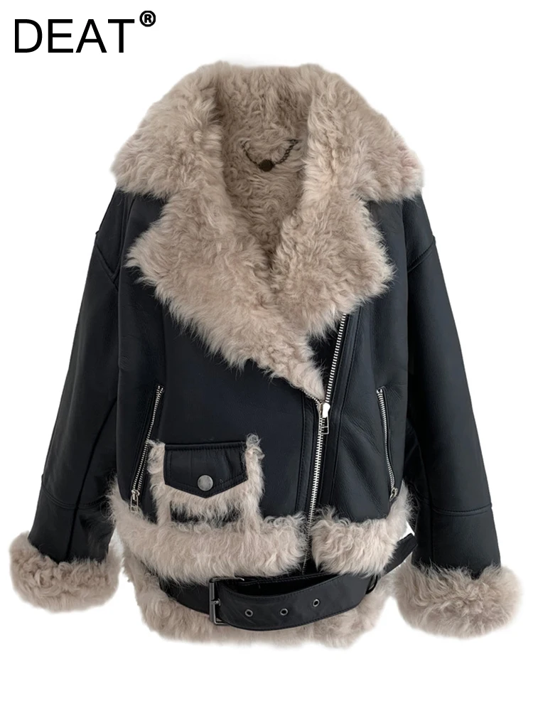 DEAT Fashion Women's Faux Fur Coat Loose Plush Lapel Spliced Zipper Long Sleeve Pu Leather Biker Jackets Winter 2023 New 17A4805