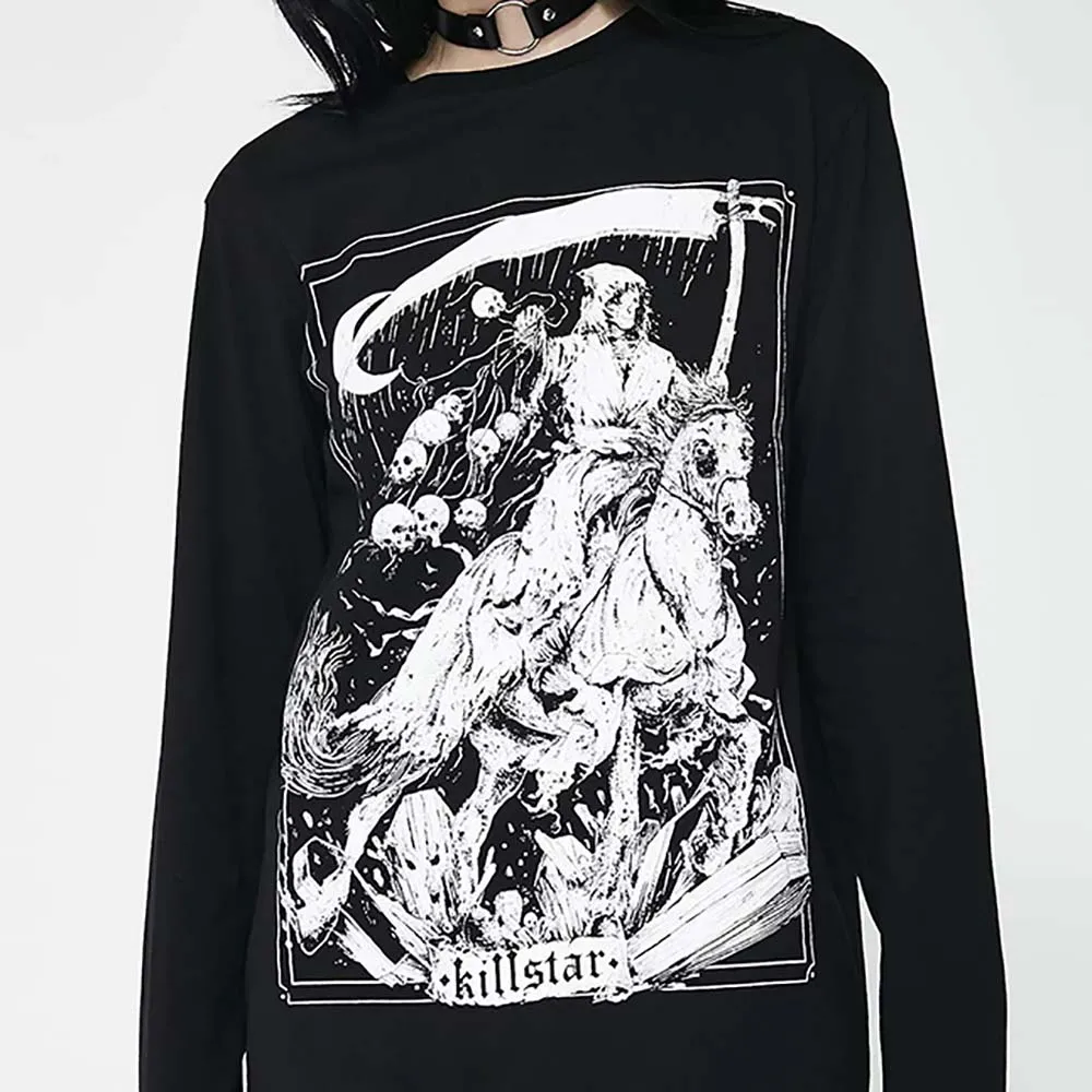 

New Retro Women's T-Shirt Dark Black Punk Gothic Casual Style Solid Color Long Sleeve Witch Skull Print Goth Punk Funny Top