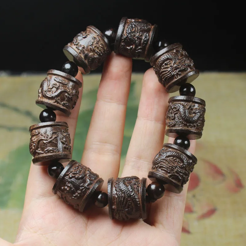 Natural Coffee Hand Carving Buddha head Bracelets Men Handmade Tibetan Buddha Hand String Barrel Prayer Beads Bangles 20mm images - 6