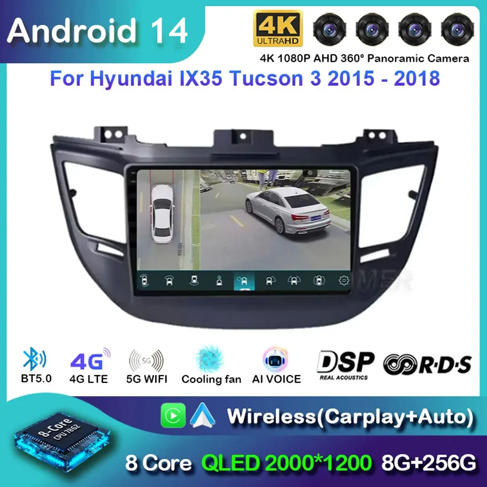 Автомобильное радио Android 14 Carplay для Hyundai Tucson IX35 3 2015 2016 2017 2018 навигация GPS