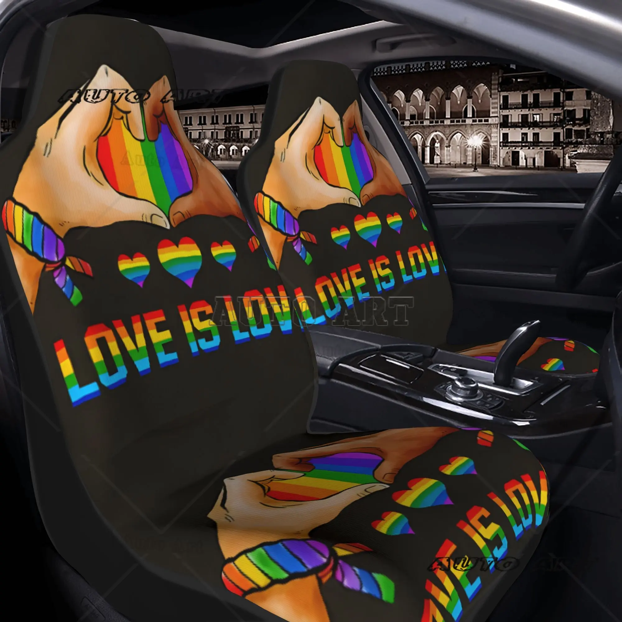 Фото Pride Month Love Is Love with Rainbow Heart Hands Art Комплект защиты автомобильных чехлов - 2 предмета - Легко чистится - Подходит №1