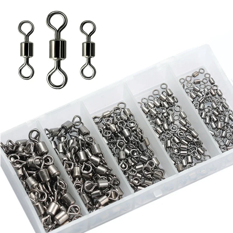 

250PCS/Lot Fishing Swivels Ball Bearing Swivel With Safety Snap Solid Rings Rolling Swivel With Box For Carp Fishing Accessories