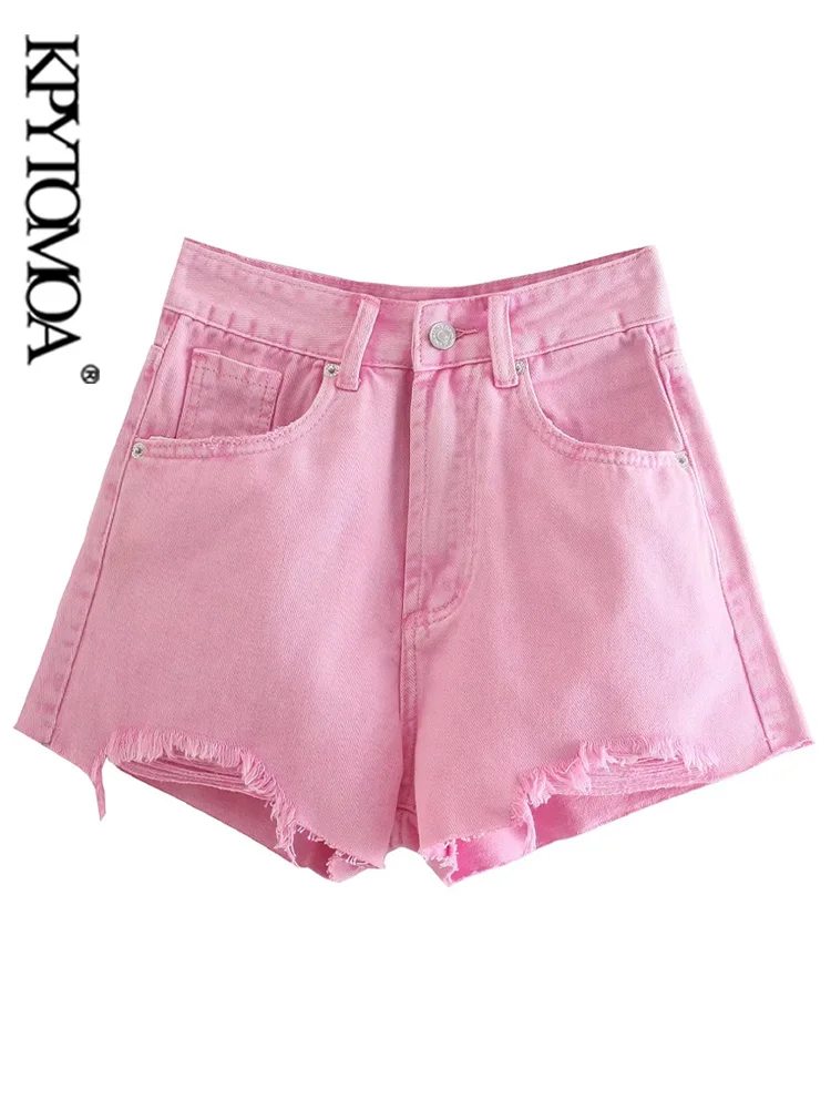 

KPYTOMOA Women Fashion Side Pockets Frayed Hem Denim Shorts Vintage High Waist Zipper Fly Female Jeans Mujer