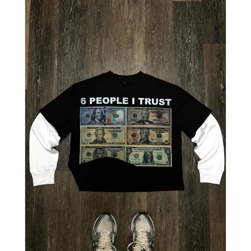 Y2K модная футболка с длинными рукавами новая в стиле хип-хоп принтом доллара