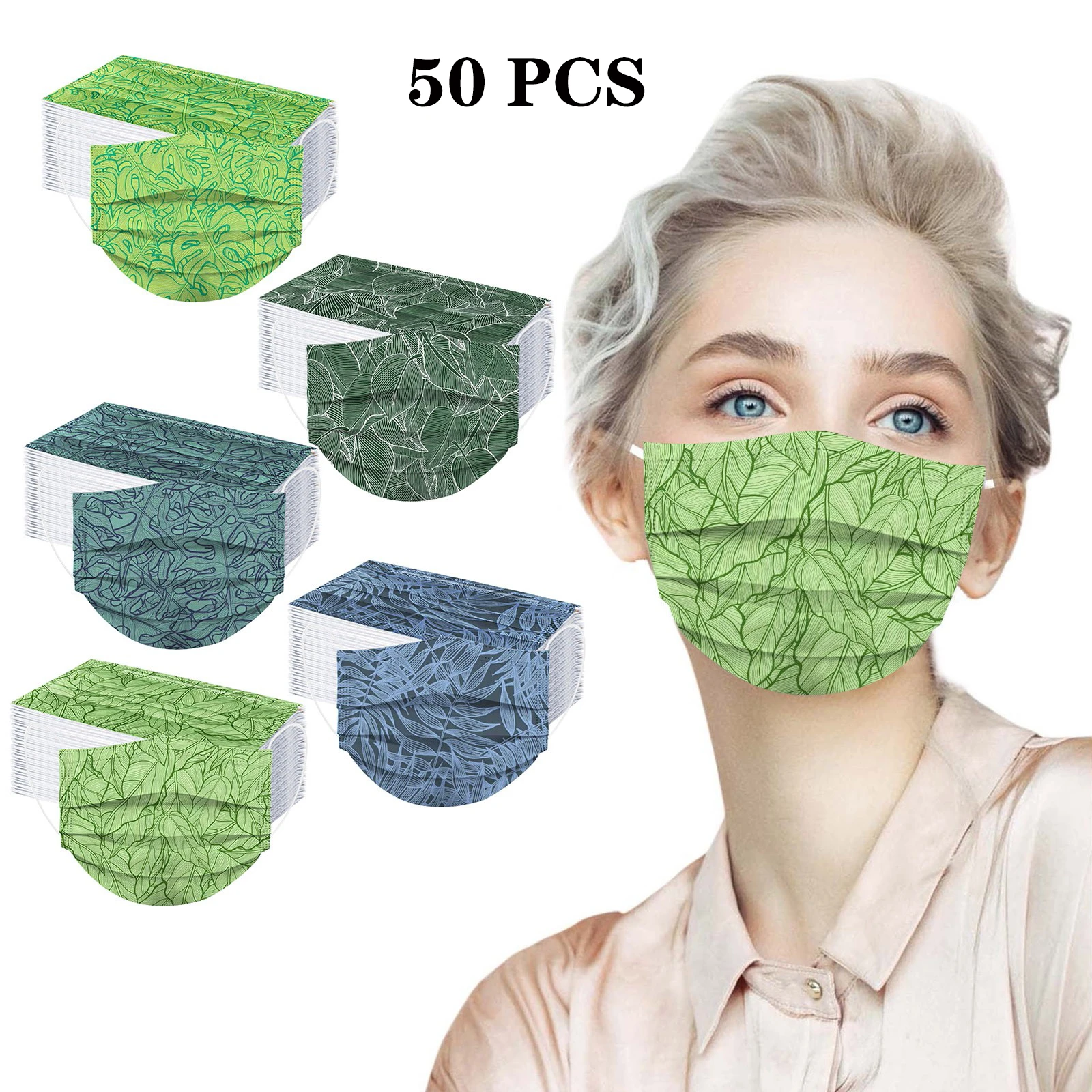 

50pc Adult Plant Print Masks Mouth-muffle Disposable Protective Face Fabric Mask 3Ply Cloth Mascara Fashion Earloop Face Mask