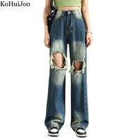 kohuijoo summer 2022 vintage hole casual straight jeans women street style high waisted wide leg jeans woman mopping pants