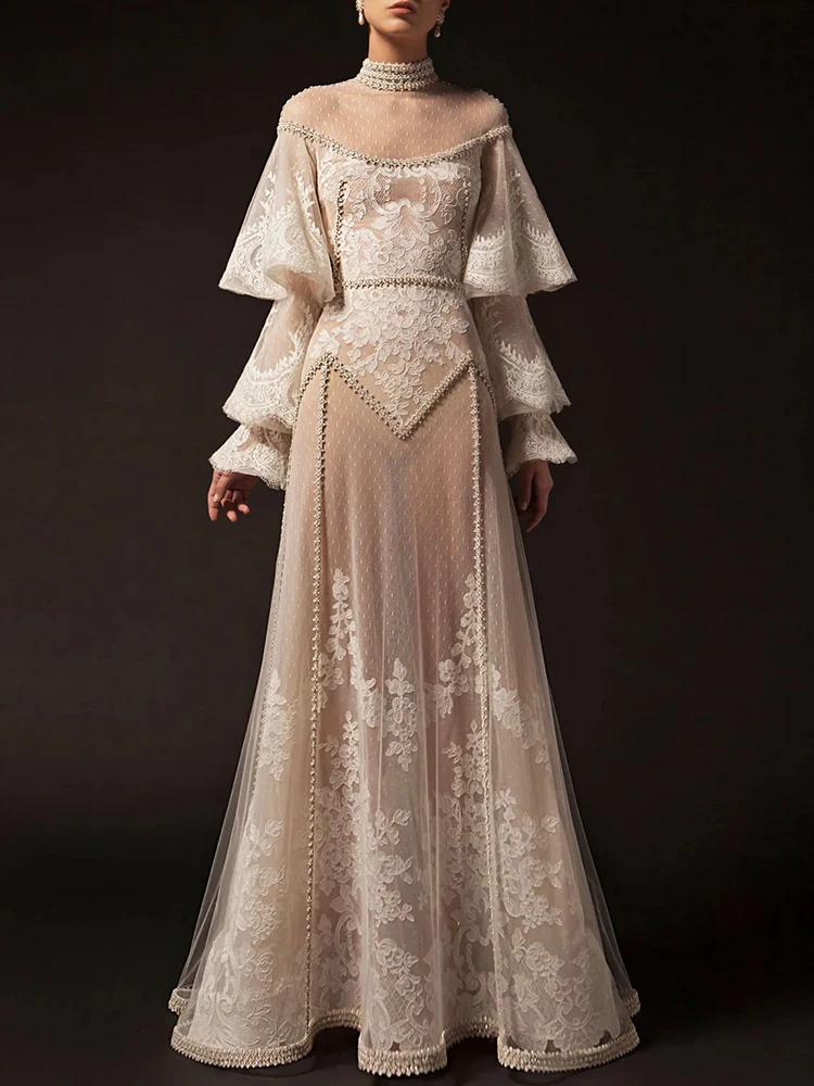 

High Neck Lace Applique Long Sleeve Beaded Wedding Guest Evening Prom Dresses for Bride Special Occasion 2023