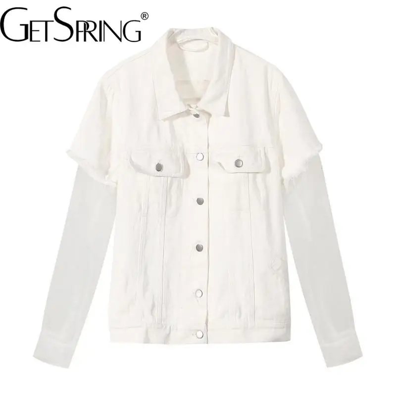 

GetSpring Women Denim Coat 2022 Fashion Mesh Stitched Hole Denim Jacket Loose Full Sleeve Irregular Ladies Jean Coats Spring New