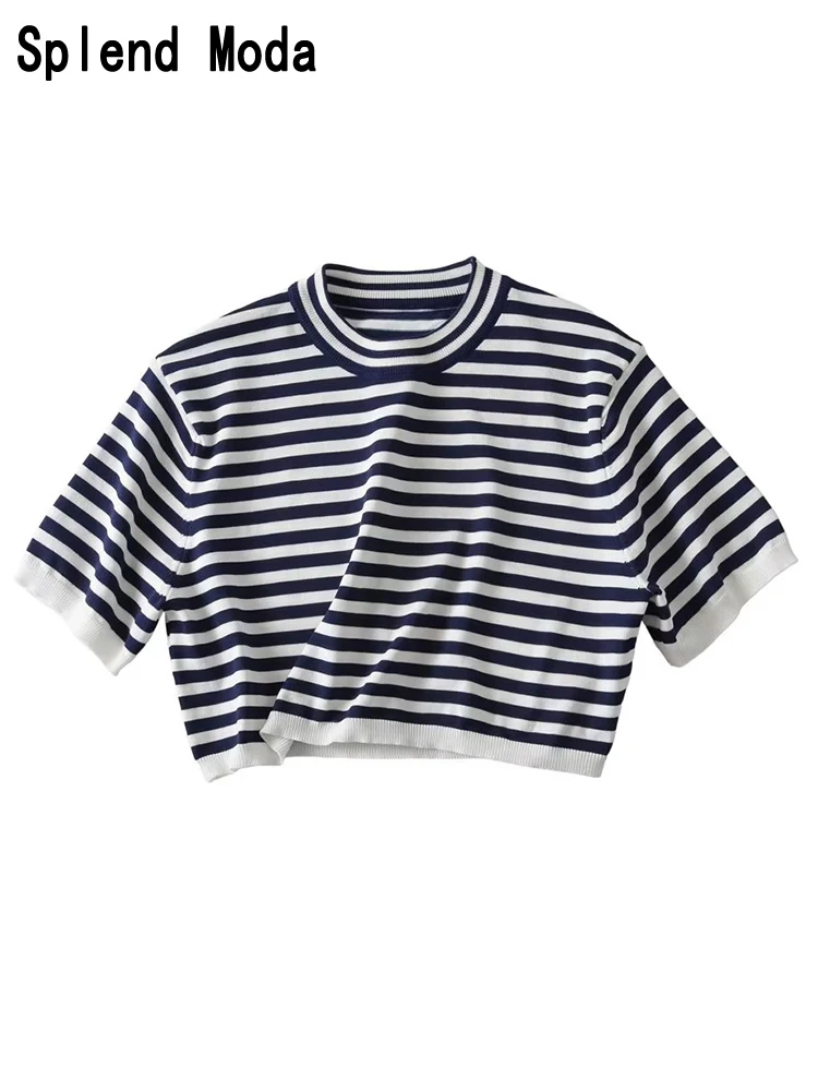 

2023 Women Summer Fashion Streetwear Style Striped Knitted Pullover Loose Tees Casual O-Neck Short Sleeve Chic Cropped Top TRAF