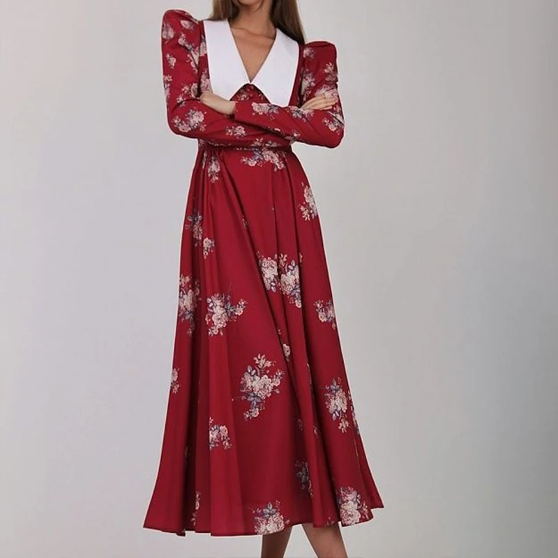 

Женское банкетное платье-трапеция с высокой талией, Элегантное Длинное плиссированное платье во французском стиле с V-образным вырезом и цветочным принтом, облегающее платье с длинным рукавом, осень