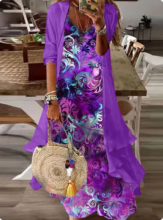 

2023 Women's Printed Holiday Strap Long Dress with Indian Style Big Swing Skirt Two Piece Set