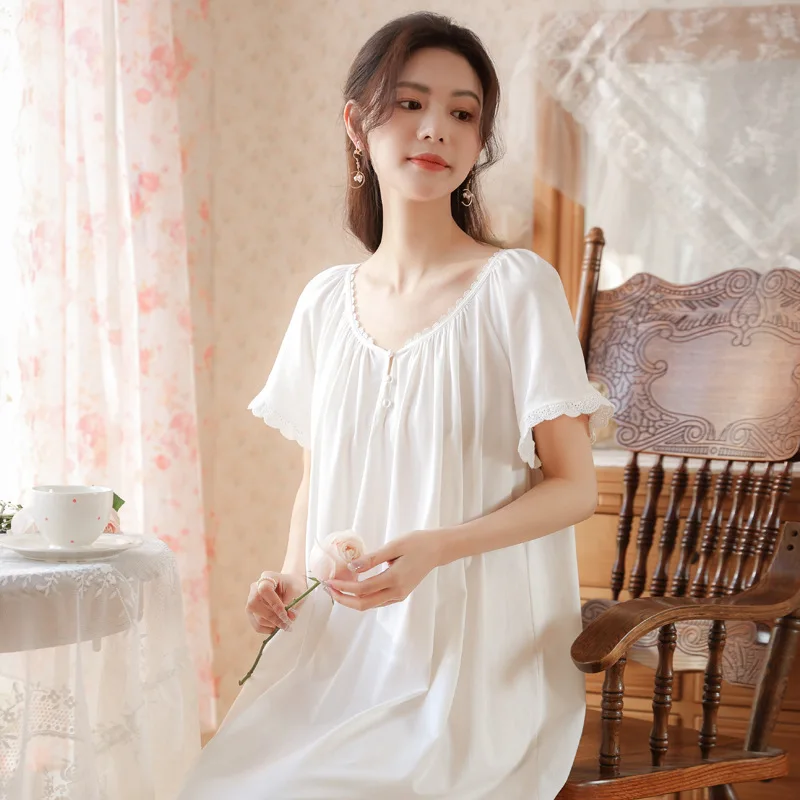 Victorian Cotton Night Dress Women Summer White Short Sleeve Long Peignoir Princess Sleepwear Vintage Nightgowns Maternity Wear