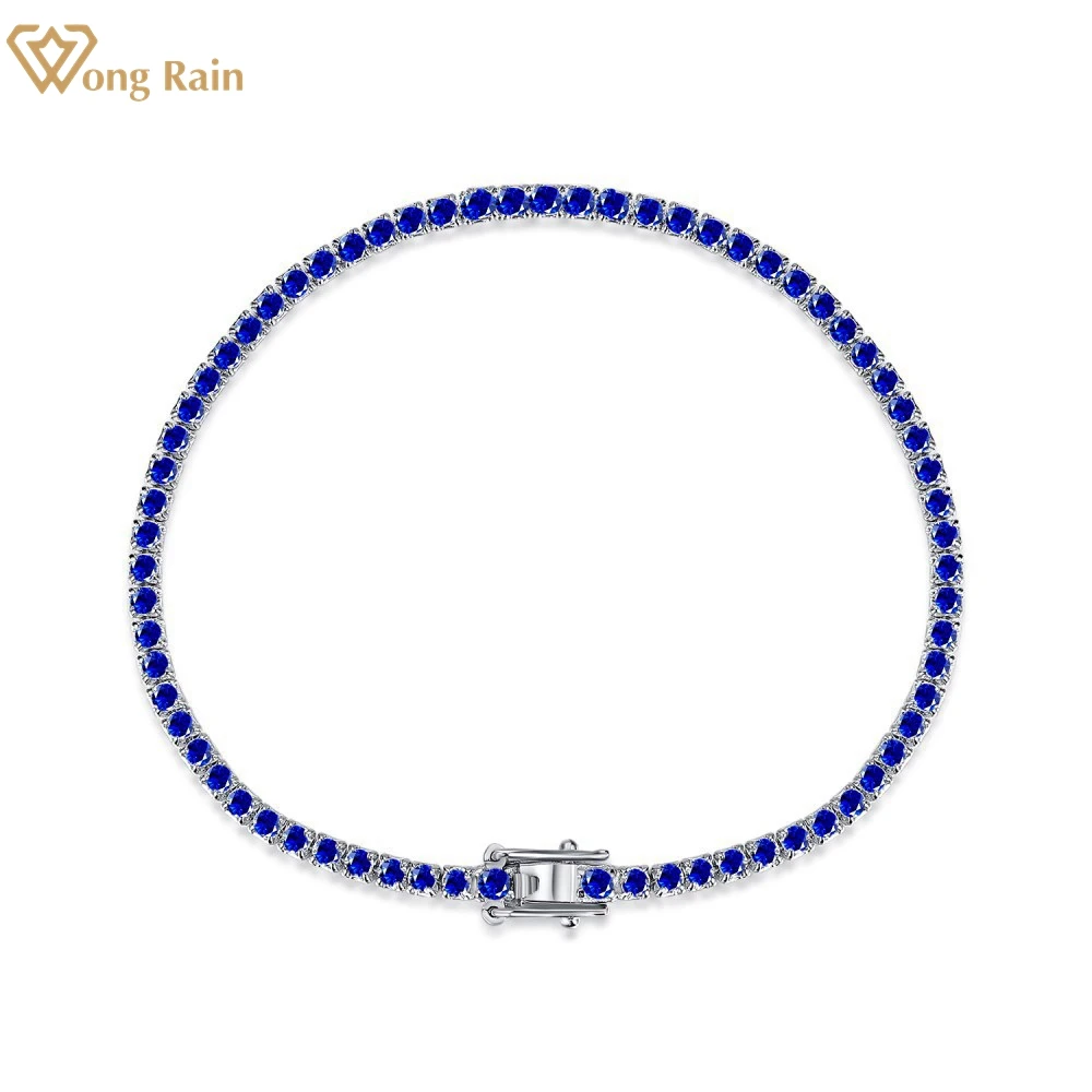 Wong Rain 100% 925 Sterling Silver Sapphire Emerald Ruby Created Moissanite Gemstone Tennis Chain Bracelet Bangle Fine Jewelry