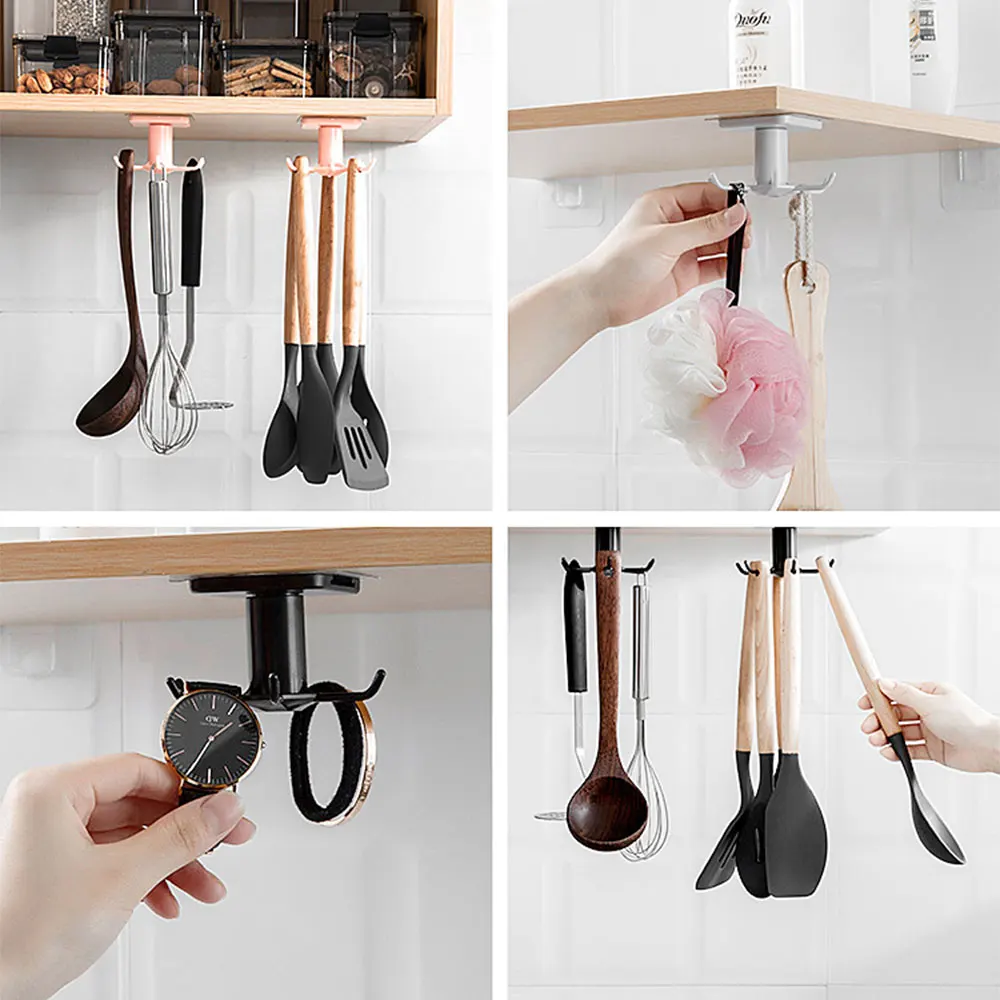 

360 Degrees Rotated Kitchen Hooks Self Adhesive 6 Hooks Home Wall Door Hook Handbag Clothes Ties Bag Hanger Hanging Rack