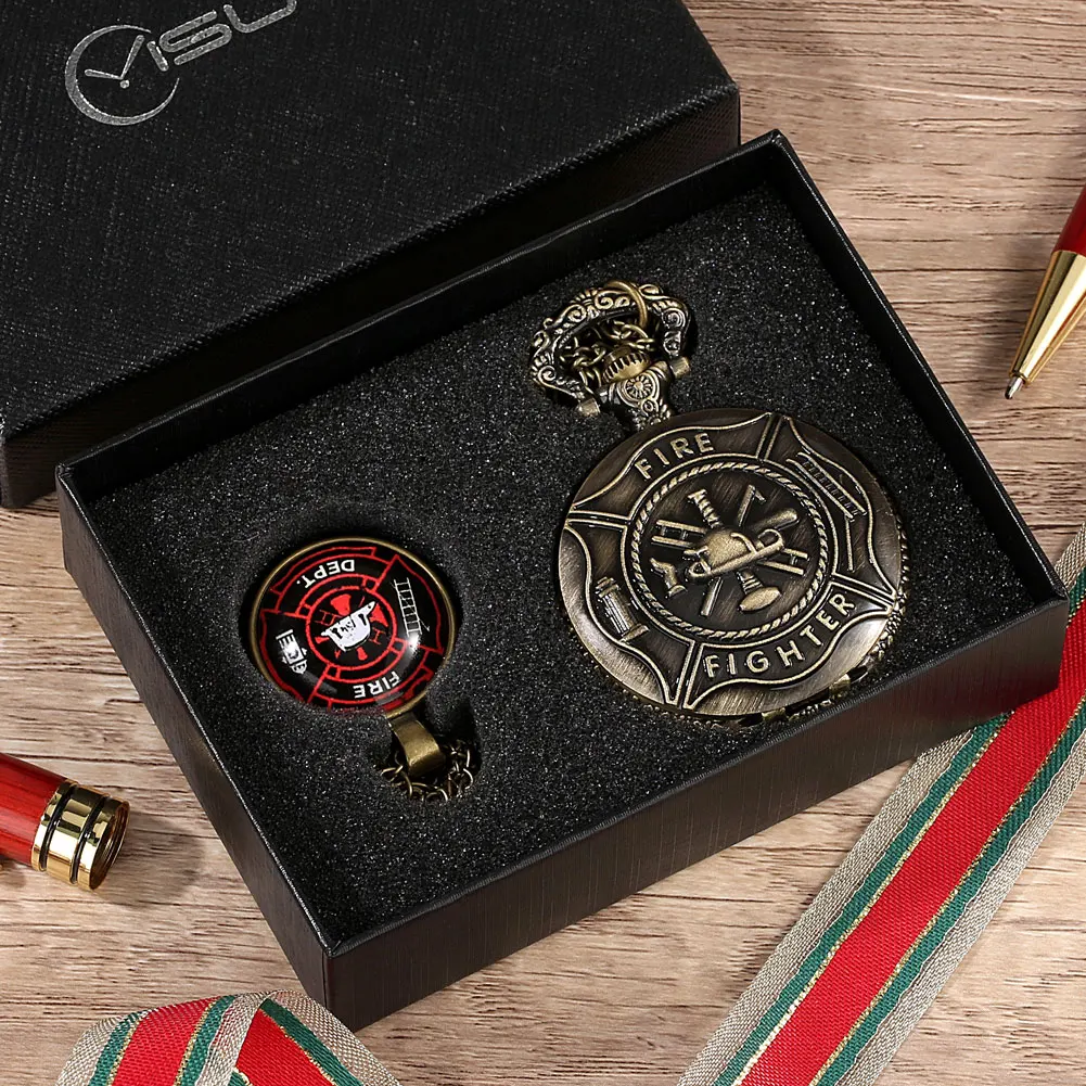 Vintage Quartz Pocket Watch Men's Bronze Watches Man Necklace Set Clock Birthday Gifts Suit for Boys Military Relogio De Bolso