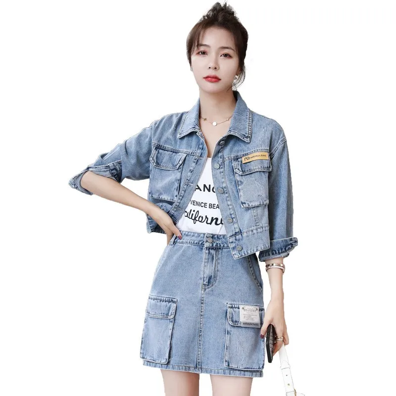 

Women Slim Fit Short Denim Jacket Sexy Mini Skirt Two Piece Set Pockets Casual Wrap Skirts Outfits Fashion Ladies Matching Set