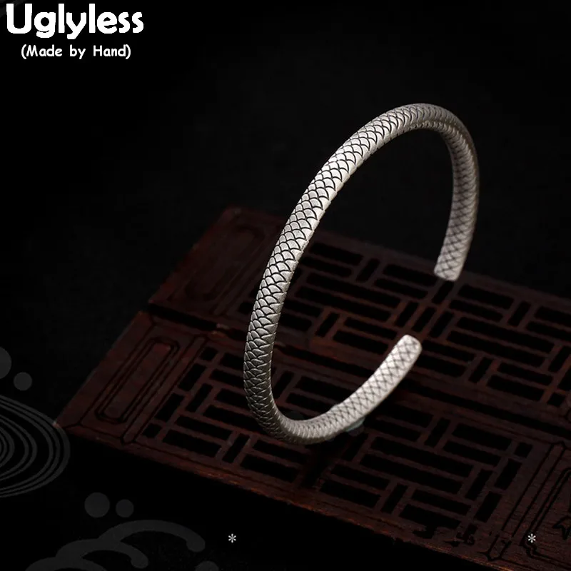 

Uglyless Real S999 Silver Jewelry Simple Fashion Vintage Totem Patterns Bangles Women Weave Texture Bangle Handmade Twist Bijoux