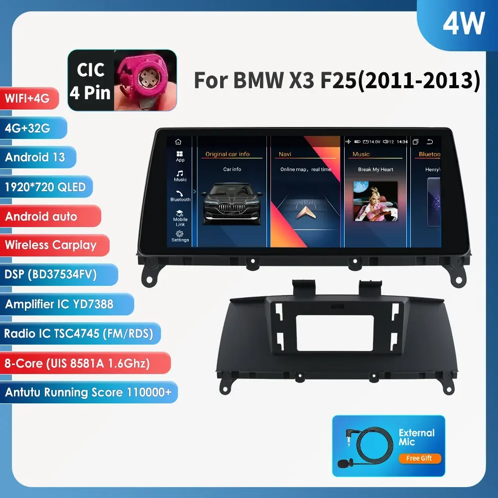 

10,25 "Android 13 авторадио Carplay для BMW X3 F25 2011-2016 CIC NBT X4 F26 автомобильное радио мультимедиа GPS navi стерео 4G WIFI аудио