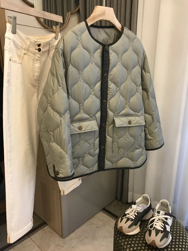 Loose profile sense large pocket patchwork color embossed round collar cotton jacket female coats for women