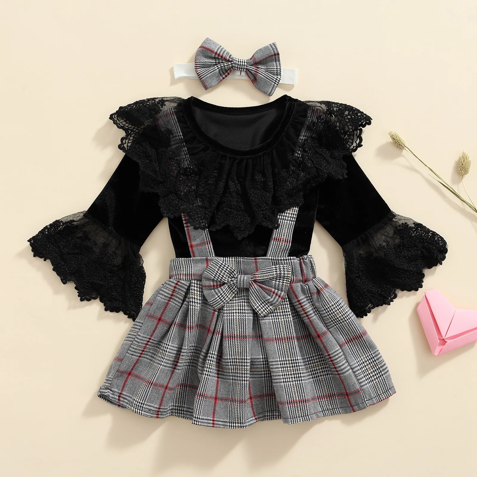 

New Fashion Baby Romper Skirt Set Solid Color Long Sleeve Romper Plaid Shoulder Strap Bowknot Skirt Hairband Kids Clothing 0-24M