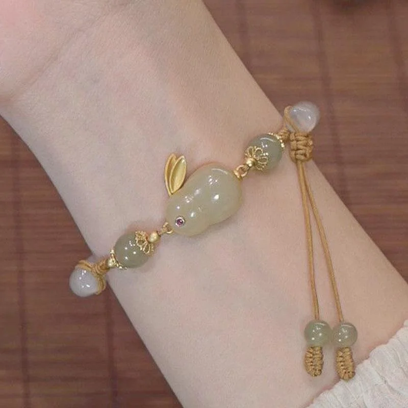 

New Jade Rabbit Bracelet Weave Rope Adjustable Vintage Beads Bracelets Chinese Style Vintage Hand Ornaments Jewelry Gifts