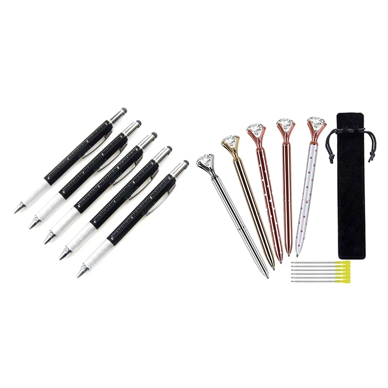 

5 шт. многофункциональная шариковая ручка 6 в 1 с линейкой и 5 шт. большая шариковая ручка с кристаллами и бриллиантами, металлическая шариков...