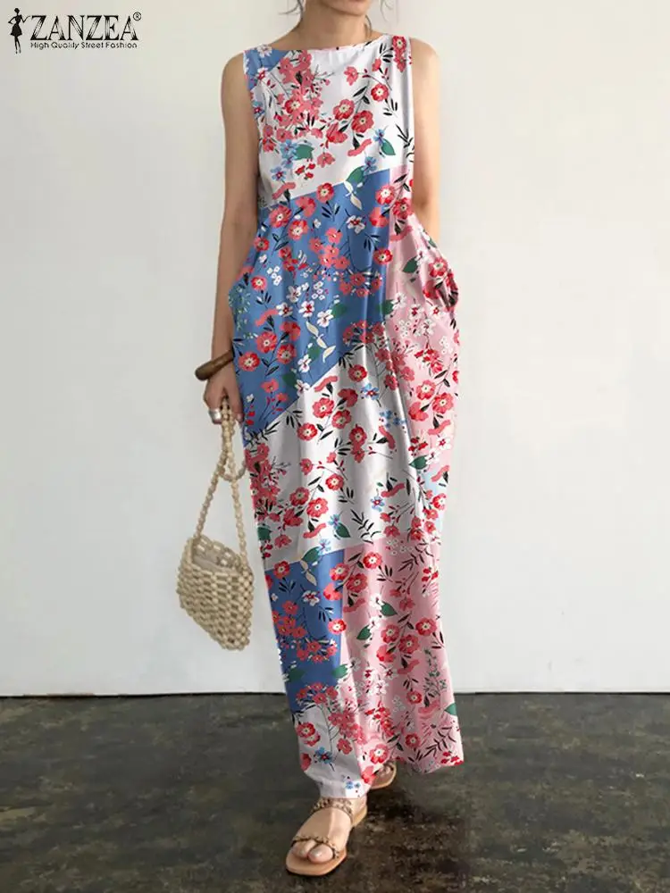 

Bohemian Printed Women Dresses 2022 Summer Sleeveless Beach Sundress Oversized Casual ZANZEA Loose Vestido Maxi Long Robe Femme