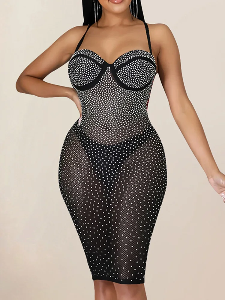 

Seedtotree Studded Sexy See Through Mesh Spaghetti Strap Bodycon Party Dress Women Backless Club Dress