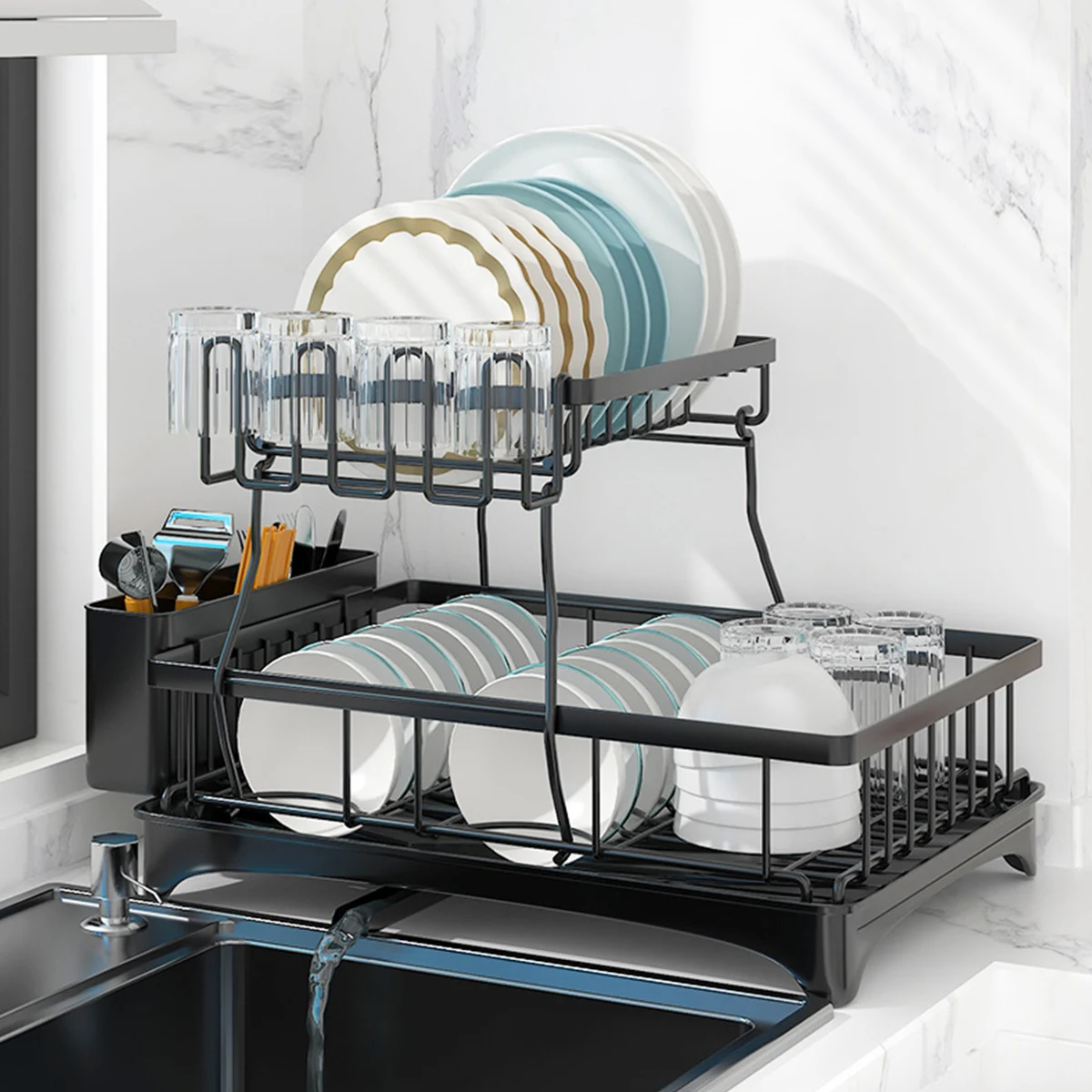 

Dish Drying Rack Dish Drainer Organizer Metal Large Capacity 2 Tier Dish Rack Multifunctional Rust-Proof Dish Drainer Set