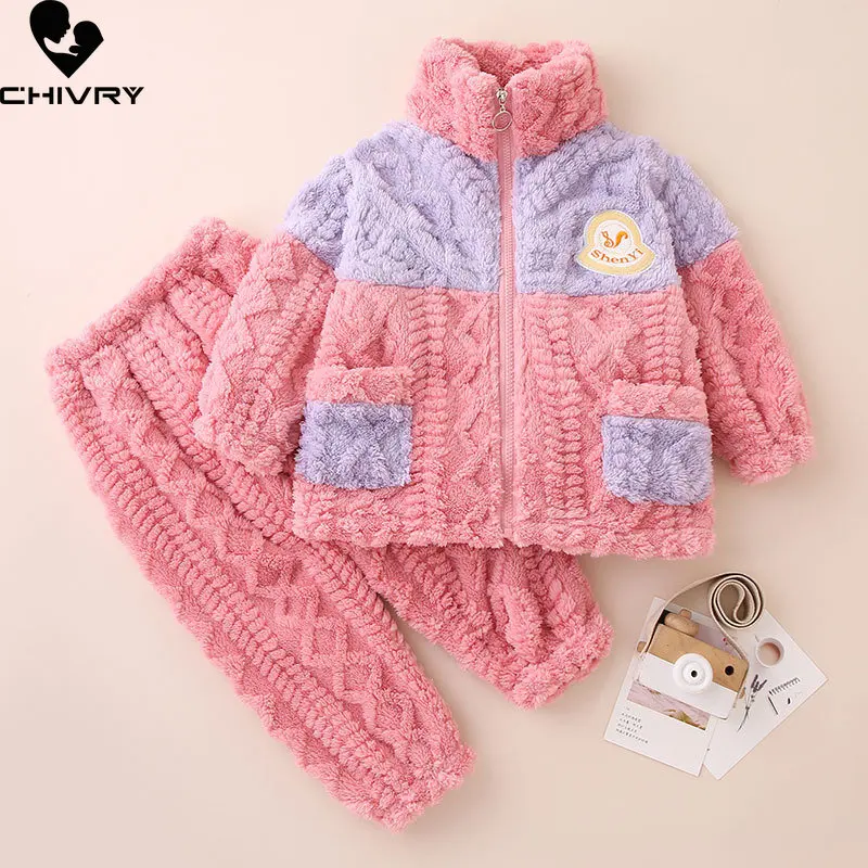 New Kids Flannel Pajama Sets Autumn Winter Boys Girls Thicken Warm Zipper Lapel Tops with Pants Baby Pyjamas Sleepwear Clothing