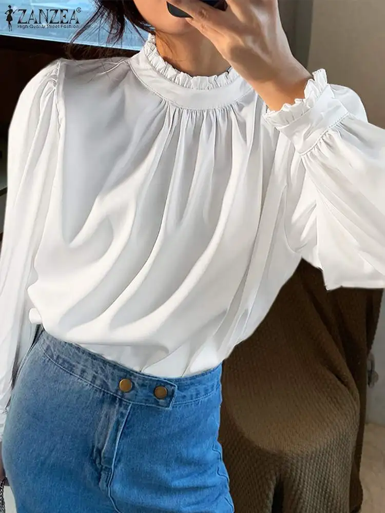 

Весенние повседневные топы с оборками ZANZEA, Женская Элегантная атласная блузка с длинным рукавом-фонариком, Женская туника для вечерние, жен...