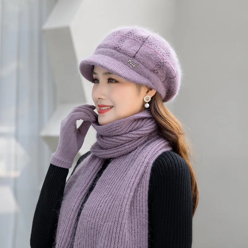 

New Winter Hat Plus Velvet Beanies Hat Thick Warm Hat Scarf Set For Women Fashion Plaid Rabbit Fur Knitted Bucket Hat Mom Gift