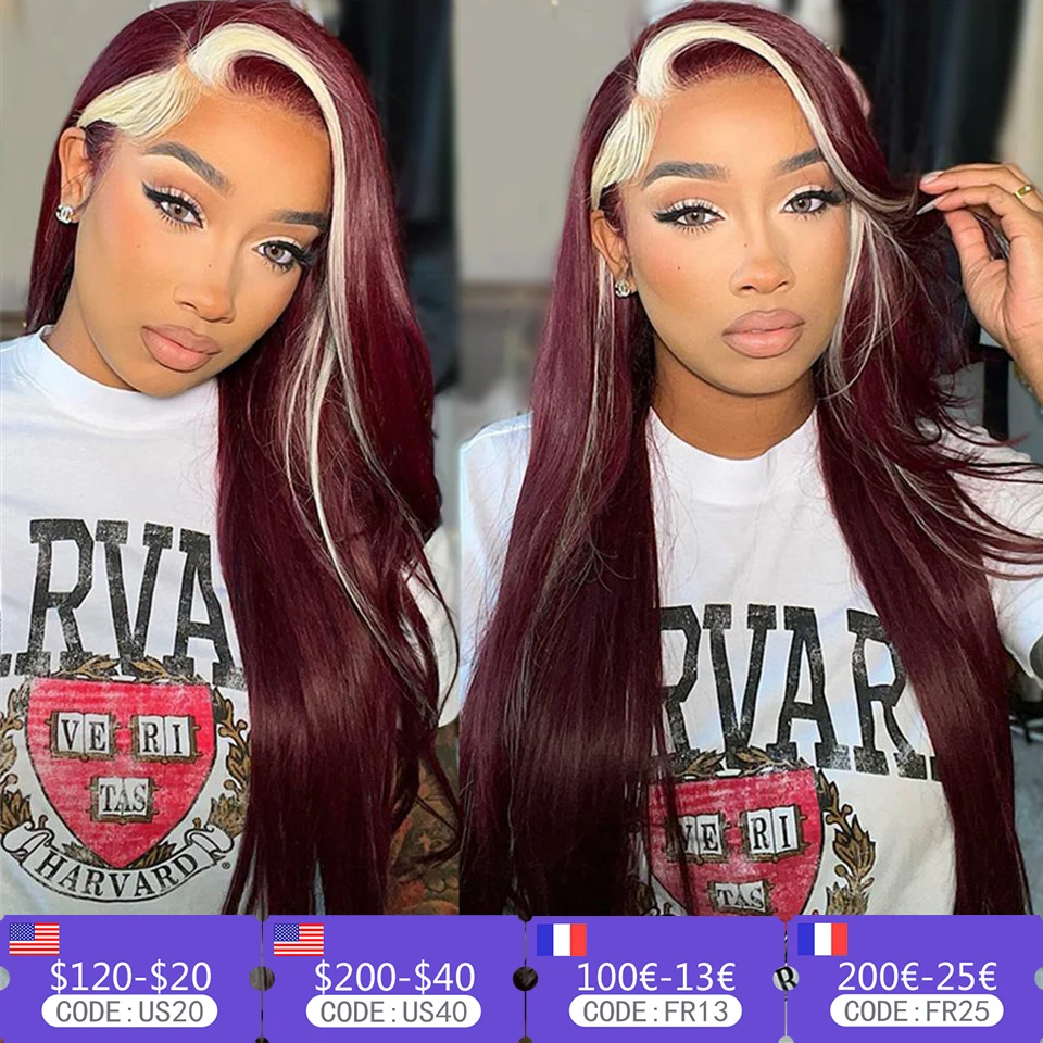 Burgundy 99j Red With 613 Blonde Stripe13x6 HD Transparen Lace Front Wig Pre Plucked 13x4 Lace Frontal Human Hair Highlight Wigs