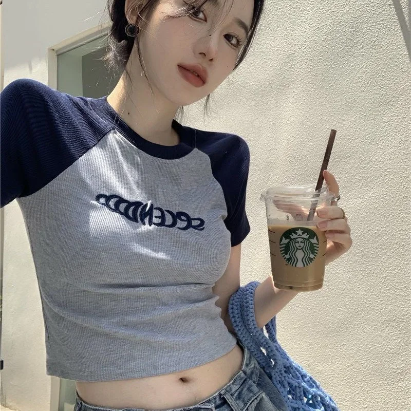 

Pure Wind Top Spice Girl Slim Summer Short Sleeve T-Shirt Female American Style Retro Design Sense Niche Ins Sweet