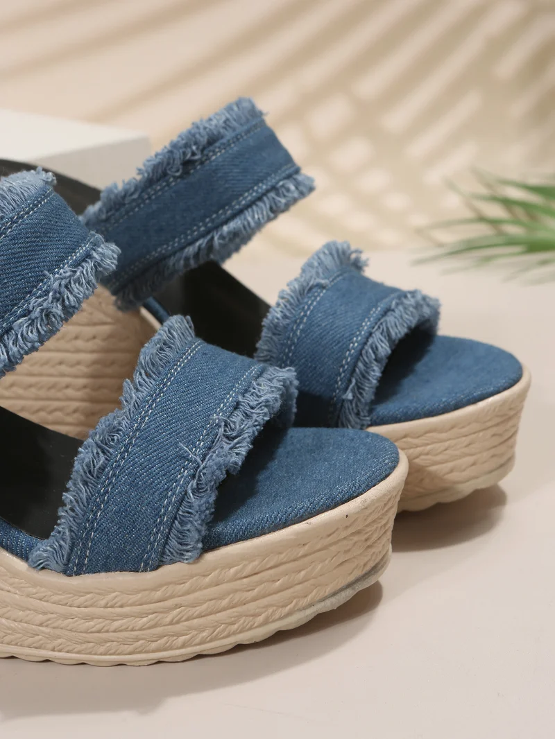 2023 Women Denim Summer Wedges High Heels Shoes Straw Women's Espadrilles Mules Slipper Sandals  Slip on Platform Leisure