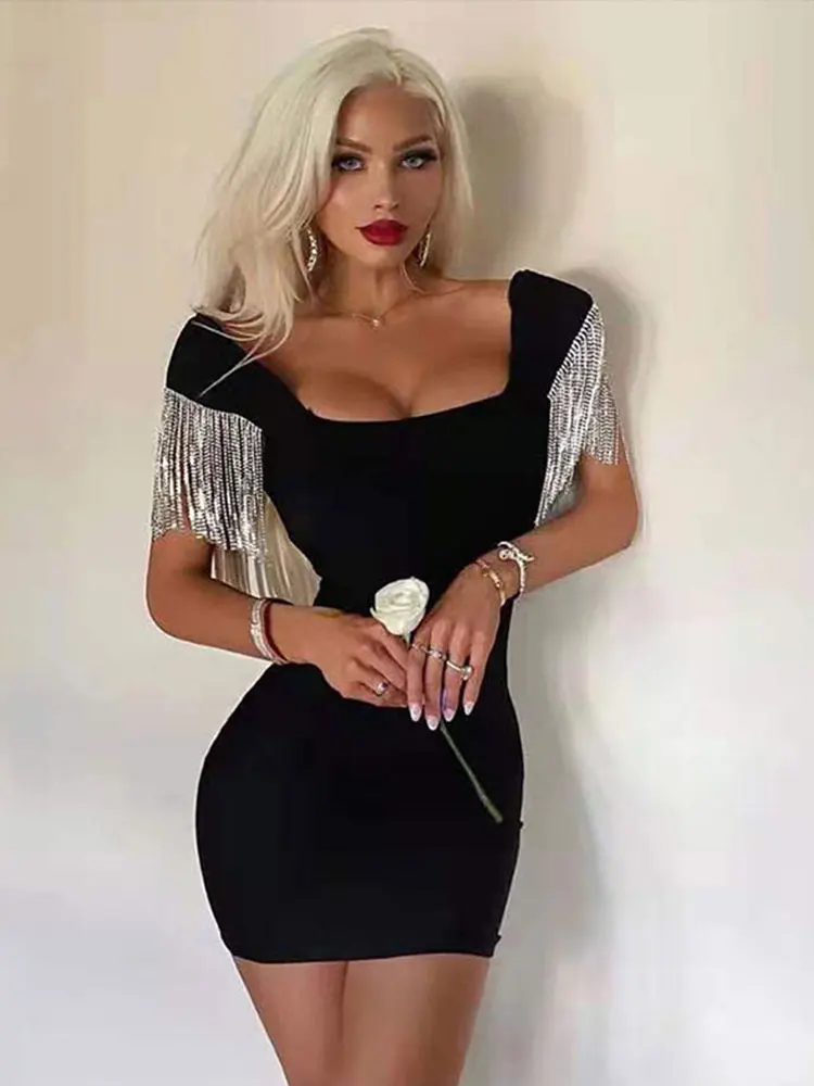 

Дизайнерское женское летнее платье с бахромой и бриллиантами, привлекательная облегающая одежда с глубоким вырезом для женщин, мини-платья...