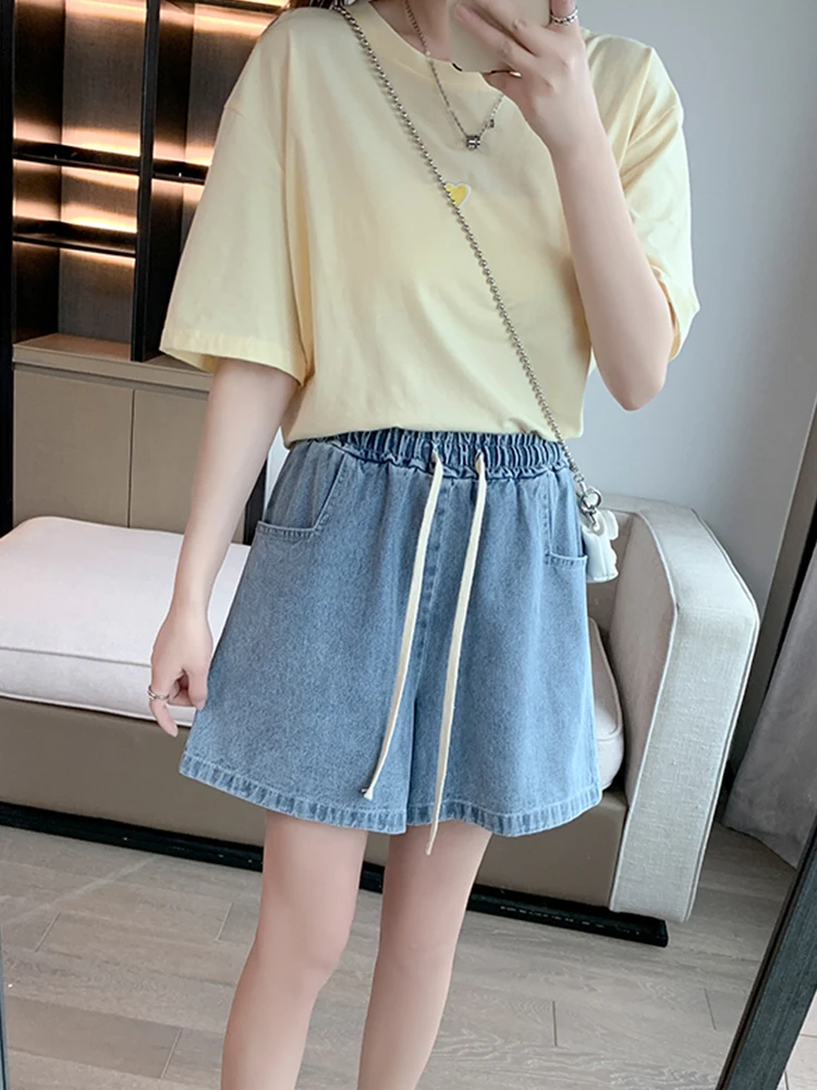 New Spring Summer Women Elastic Waist Loose Blue Denim Shorts Casual Female Wide Leg Lace Up Jeans Shorts Bottoms