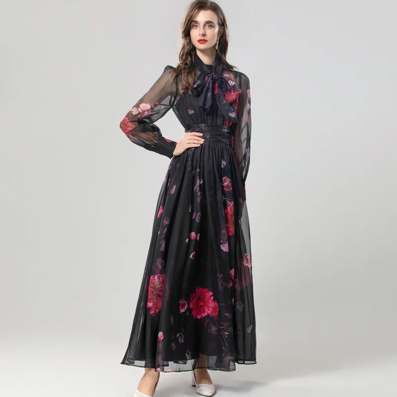 Платье с шарфом и воротником длинным рукавом высокой талией трехмерное