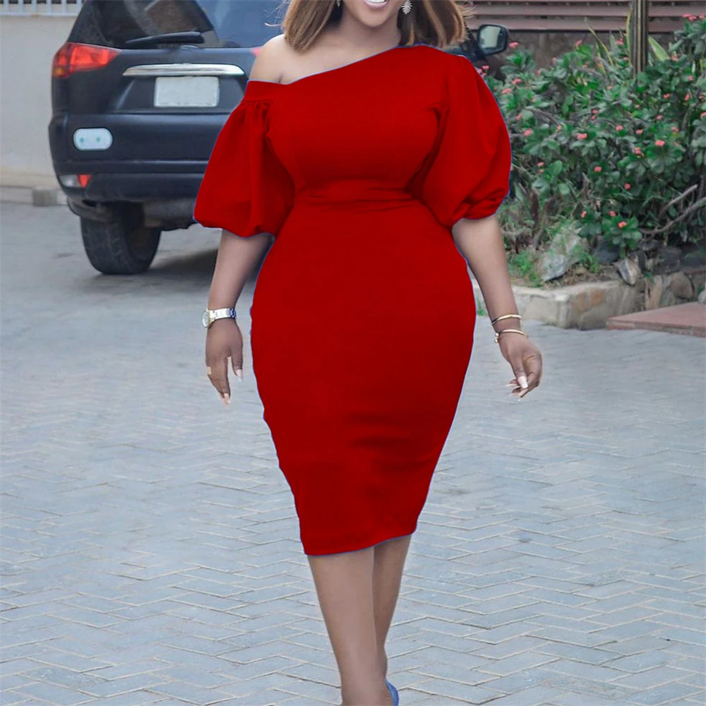 

Sexy Lantern Sleeve One Shoulder Bodycon Party Dress Elegant Waist-Tight Solid Color Summer Dress Office Pencil Midi Vestidos