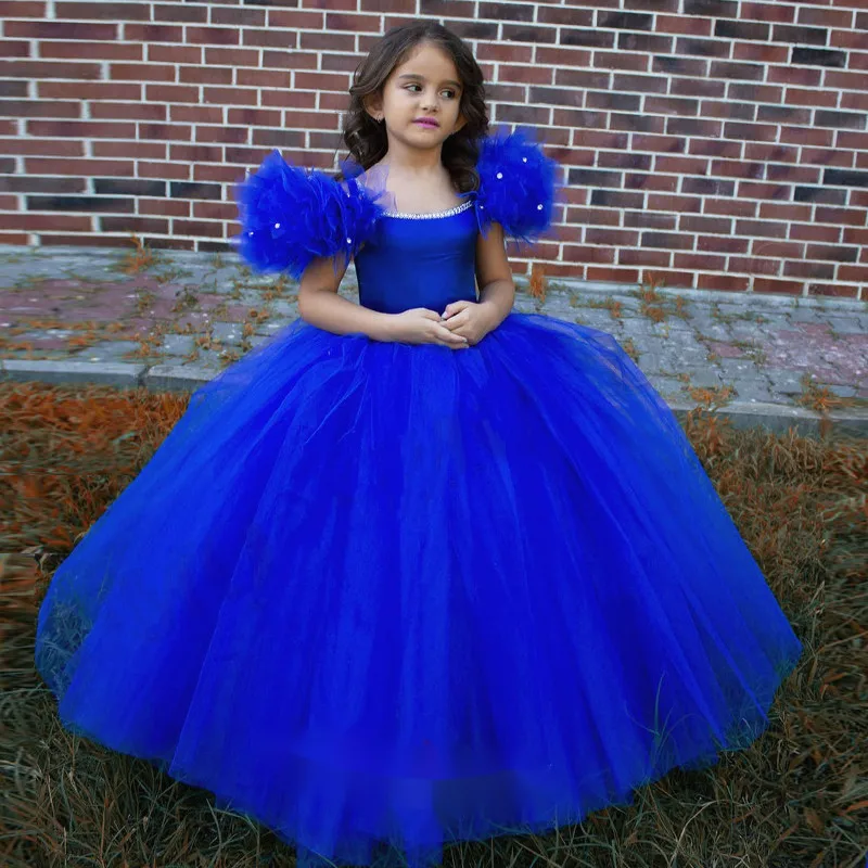 

Royal Blue Flower Girl Dresses Beading Tulle Corset Back Princess Children Ball Gown First Communion Dresses