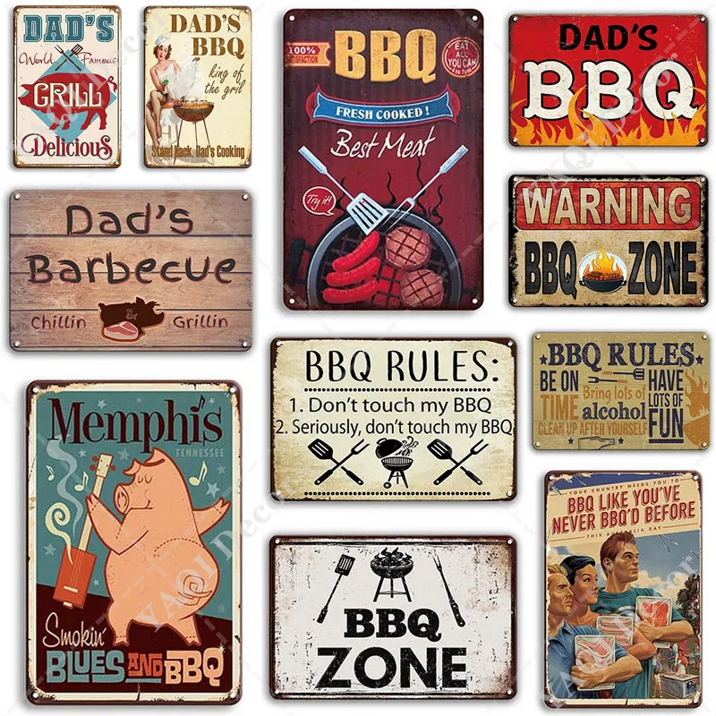 

BBQ Signs Vintage Barbecue Metal Plaque Tin Sign Dad's BBQ Poster Decorative Metal Plates Room Wall Stickers Bar Pub Home Decor