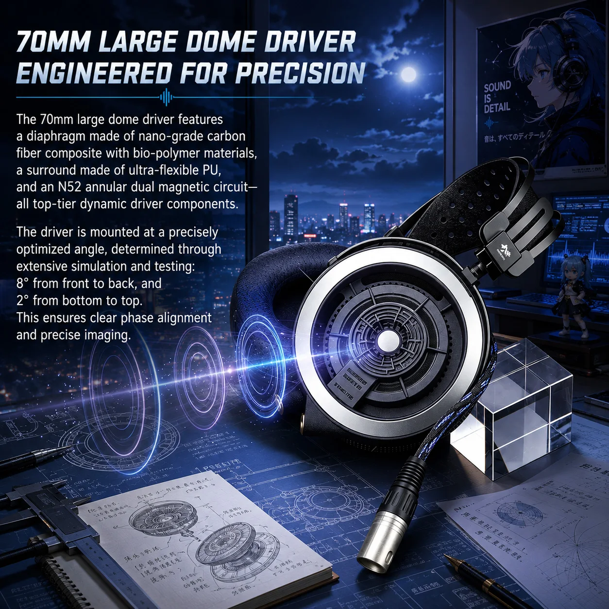 Фото Наушники XK-AUDIO CADENCE BAFFLE с 70-мм динамиком, открытой конструкцией, диапазоном частот 5 Гц-50 кГц, сопротивлением 300 Ом, Hi-Fi, аудиофильские, полноразмерные, с разъемами 3.5, 4.4, 6.35 мм, XLR №5