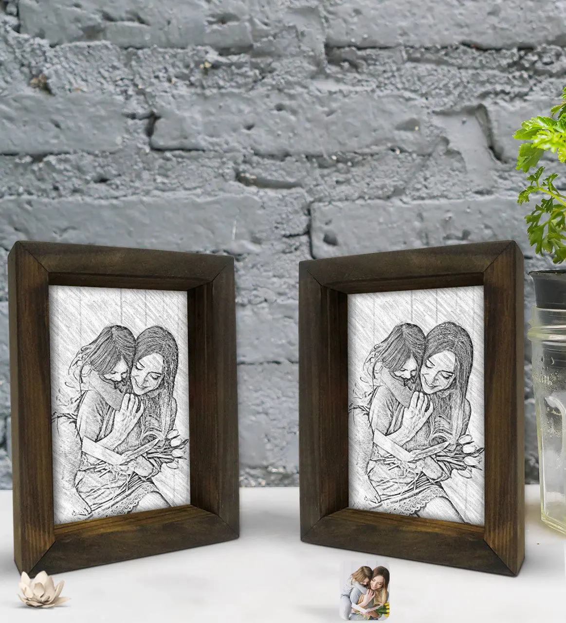 

Personalized Photo Charcoal Decorative 2'li Natural Solid Wood Frame 15x20cm-1