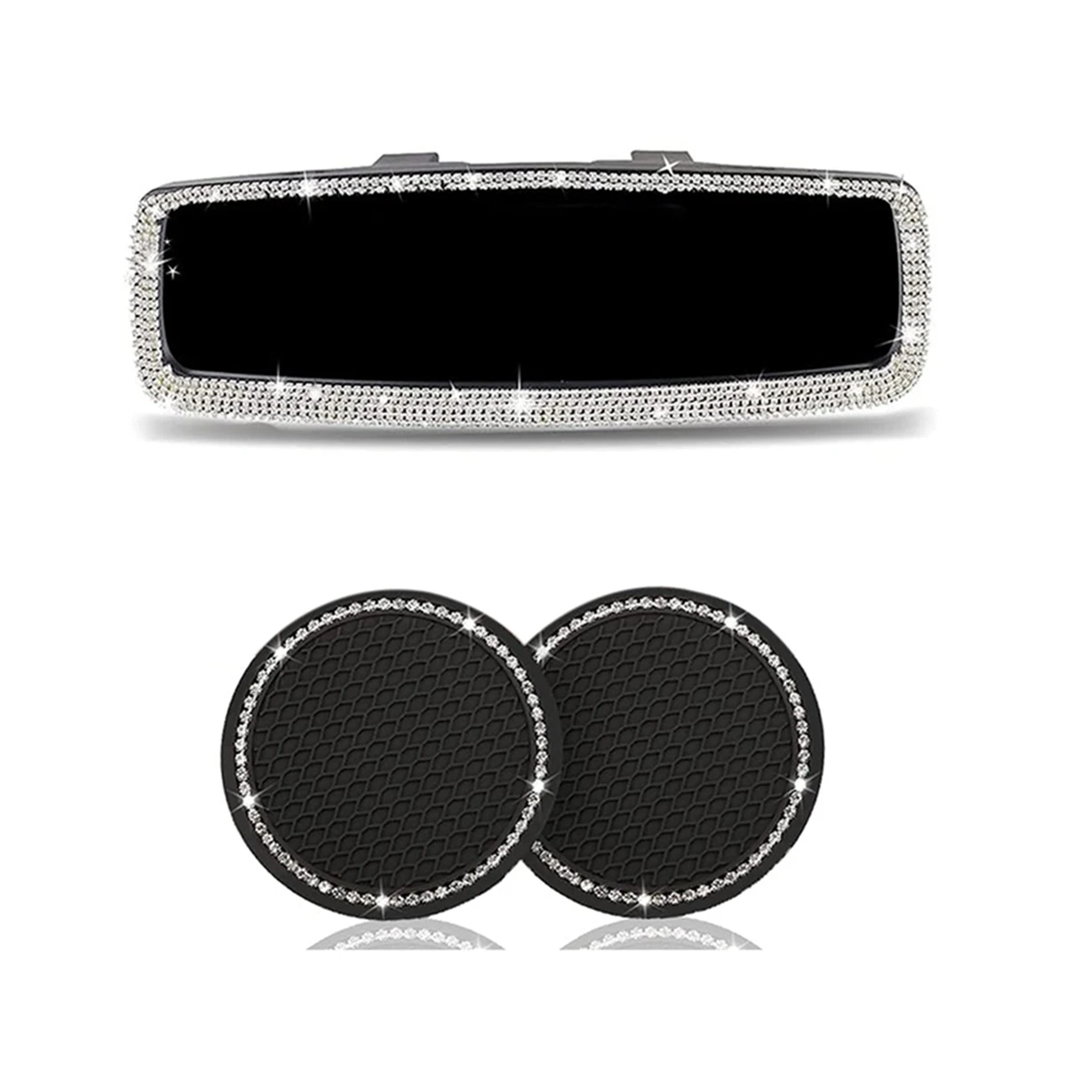 

Bling Car Rear View Mirror Rhinestone & Car Cup Holder Coasters Decorations Interior Accessories for Women ,3PCS