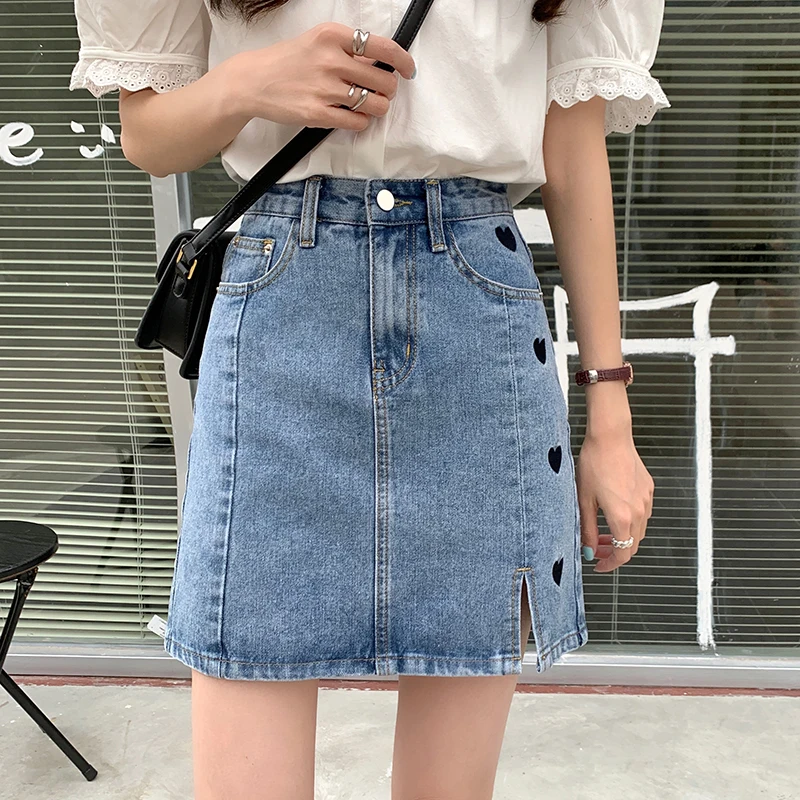 Denim Skirt Women's Blue Summer Shorts Casual Commuter Love Embroidery Sense Small Waist Slim Versatile A-line Skirt