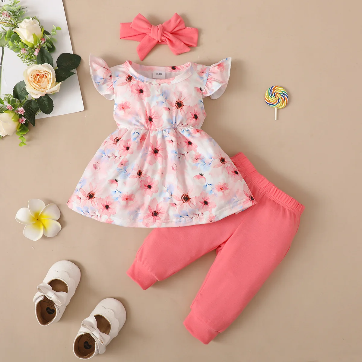 

Newborn Baby Girl Clothes Toddler Summer Clothing Sets Children Floral Headband + Sleeveless Dress Top + Solid Pants 3pcs Set